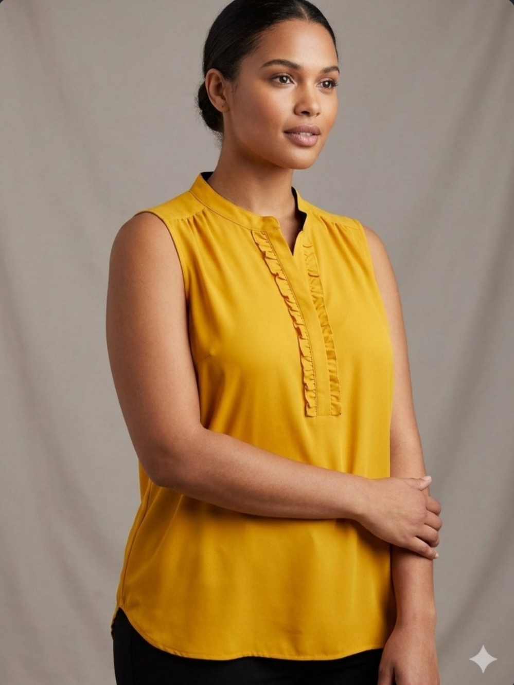 Worthington Sleeveless Ruffle Placket Top in Mustard Yellow